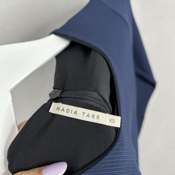 Nadia Tarr Women Dress Extra Small Blue Ribbed Scuba Midi Fitted Sculpt Cocktail - Picture 12 of 14